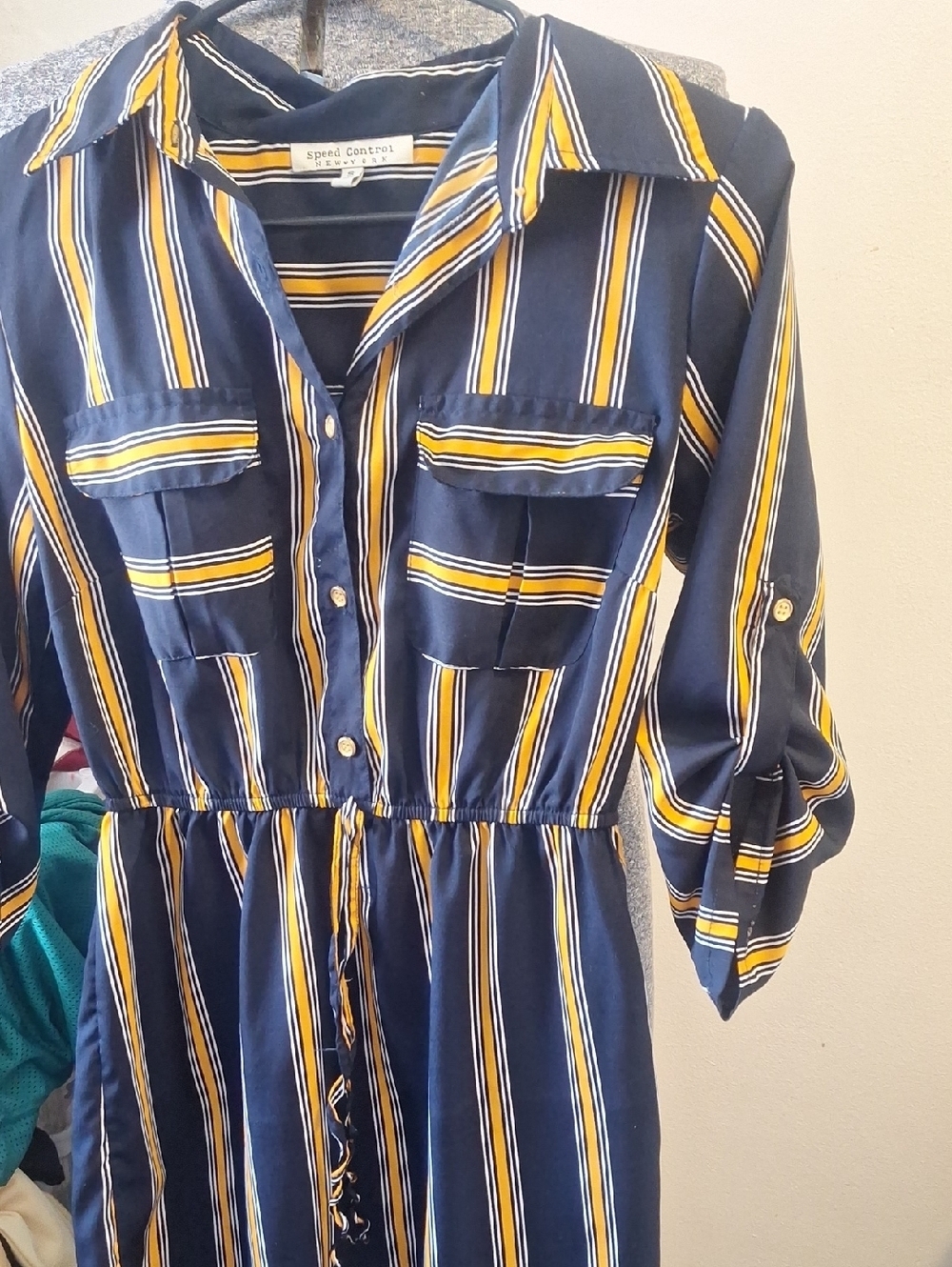 Speed Control Navy Stripe Button-Front Shirt Dress with Yellow Accents - Picture 2 of 9